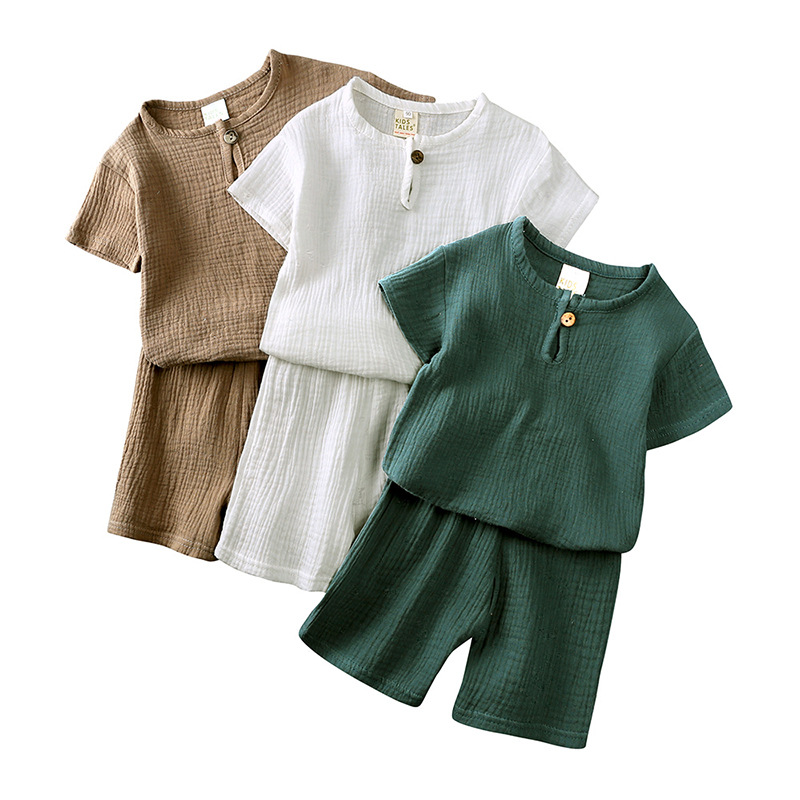 Toddler Muslin materialı Dəyirmi boyun xəttini qısa qolu təyin etdi
